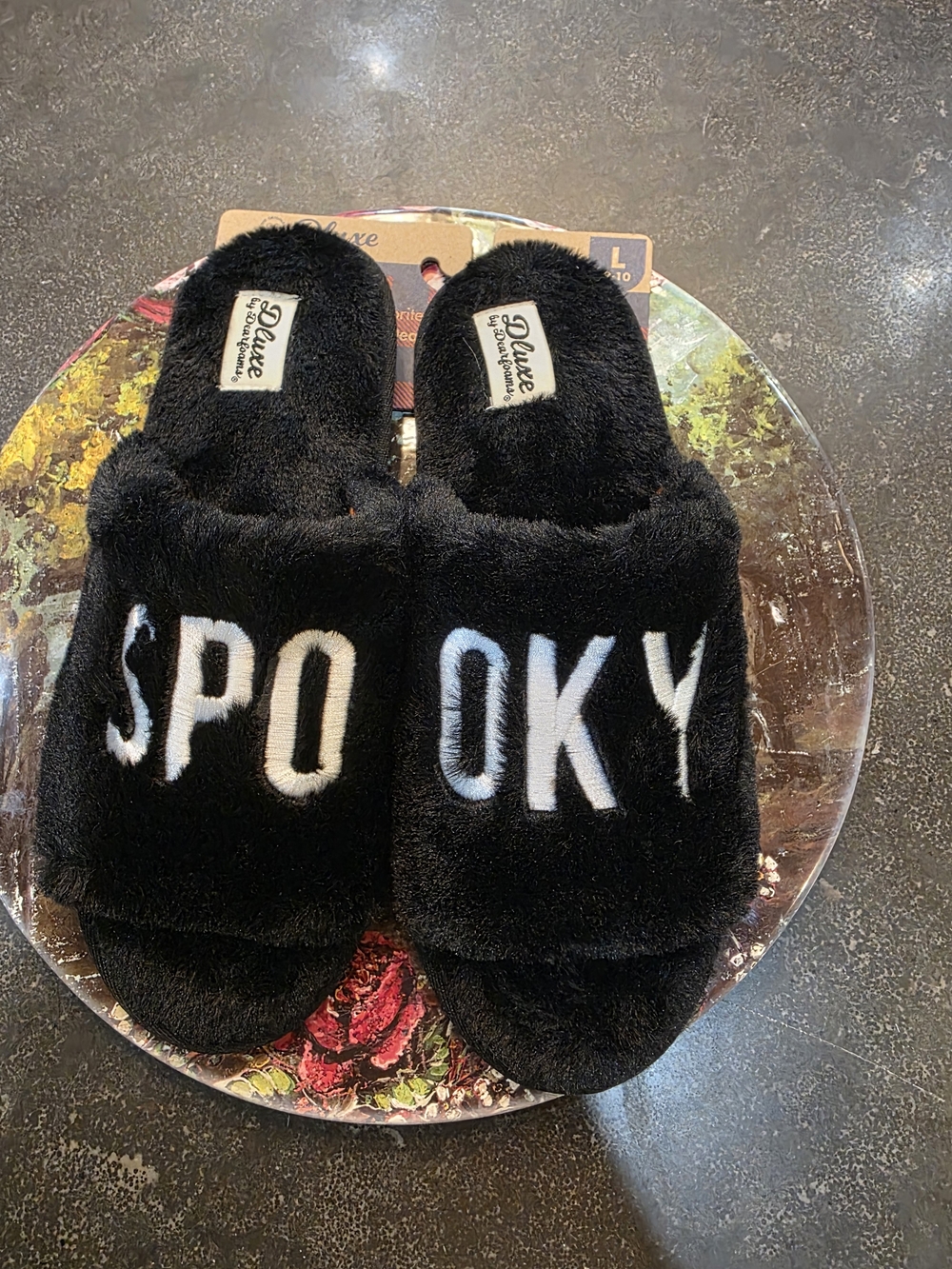 Dearfoams Black Plush Slide Slippers